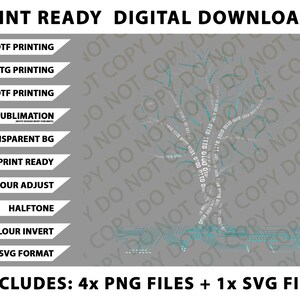 May include: Digital download graphic featuring a tree design composed of binary code, with a circuit board base. The image includes text indicating print-ready digital downloads, with options for DTF, DTG, and UVDTF printing, and includes 4 PNG files and 1 SVG file.