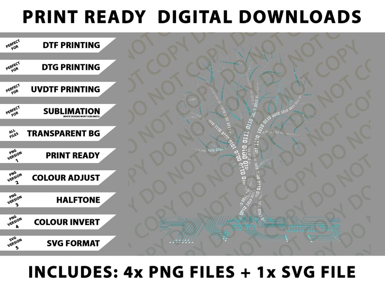 May include: Digital download graphic featuring a tree design composed of binary code, with a circuit board base. The image includes text indicating print-ready digital downloads, with options for DTF, DTG, and UVDTF printing, and includes 4 PNG files and 1 SVG file.