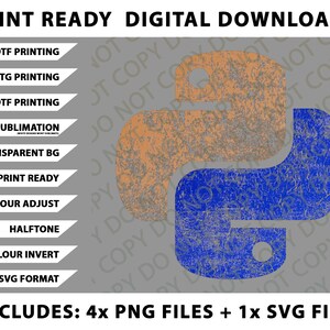 Może przedstawiać: Grafika do pobrania cyfrowego z postarzanym pomarańczowym i niebieskim logo Pythona. Zawiera pliki gotowe do druku dla druku DTF, DTG, UVDTF i sublimacji. Zawiera r&oacute;wnież przezroczyste tło i format SVG. Tekst na obrazku m&oacute;wi "Pliki do pobrania cyfrowego gotowe do druku".