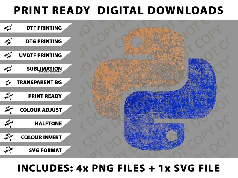 Może przedstawiać: Grafika do pobrania cyfrowego z postarzanym pomarańczowym i niebieskim logo Pythona. Zawiera pliki gotowe do druku dla druku DTF, DTG, UVDTF i sublimacji. Zawiera r&oacute;wnież przezroczyste tło i format SVG. Tekst na obrazku m&oacute;wi "Pliki do pobrania cyfrowego gotowe do druku".