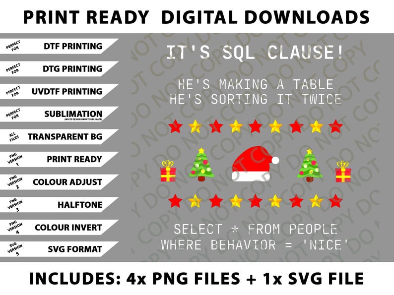 K&ouml;nnte beinhalten: Digitaler Download-Grafik mit dem Text "It's SQL Clause!" und weihnachtlichen Symbolen. Enth&auml;lt einen Weihnachtsmannhut, Weihnachtsb&auml;ume und Sterne. Der Text enth&auml;lt auch "He's making a table, he's sorting it twice." Enth&auml;lt 4 PNG-Dateien und 1 SVG-Datei.