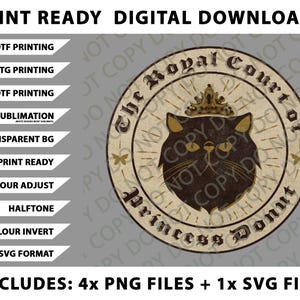 Może przedstawiać: Grafika do pobrania cyfrowego z okrągłym wzorem. Przedstawia koronowanego czarnego kota i tekst "The Royal Court of Princess Donut." Zawiera pliki PNG i SVG.