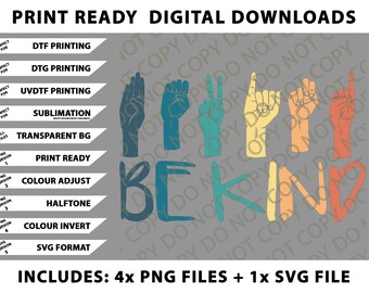 Be Kind Hand Sign Language Teachers Retro Interpreter ASL Png Bundle, SVG Files, Digital Downloads