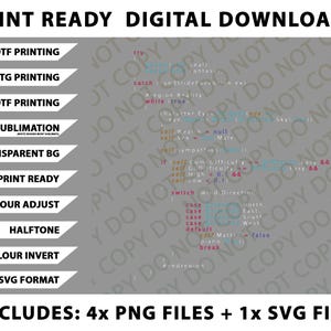 May include: Digital download graphic design files for DTF, DTG, UVDTF printing, and sublimation. Includes transparent background, print-ready, color adjust, halftone, color invert, and SVG format options. Includes 4 PNG files and 1 SVG file.