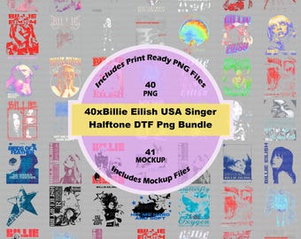 40xBillie Eilish USA Singer Halftone DTF Png Bundle, DTF Png, Sublimation Bundles, Digital Downloads, T-Shirt Design