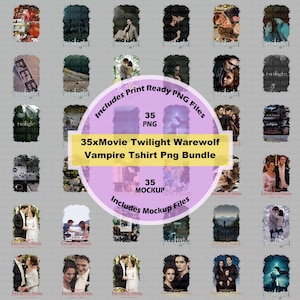 Puede incluir: Un conjunto de 35 archivos PNG y maquetas con imágenes de la serie de películas Crepúsculo. Las imágenes incluyen fotogramas de películas y fotos promocionales, con el texto "35xMovie Twilight Warewolf Vampire Tshirt Png Bundle".