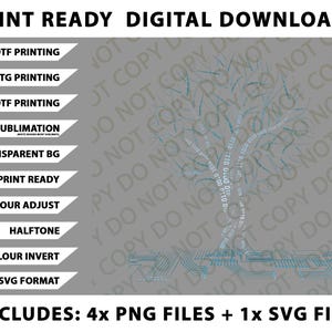 Puede incluir: Gráfico de descarga digital con un diseño de árbol compuesto por código binario y elementos de placa de circuito. Incluye múltiples formatos de archivo para impresión DTF, DTG, UVDTF y sublimación. La imagen también incluye una opción de fondo transparente.
