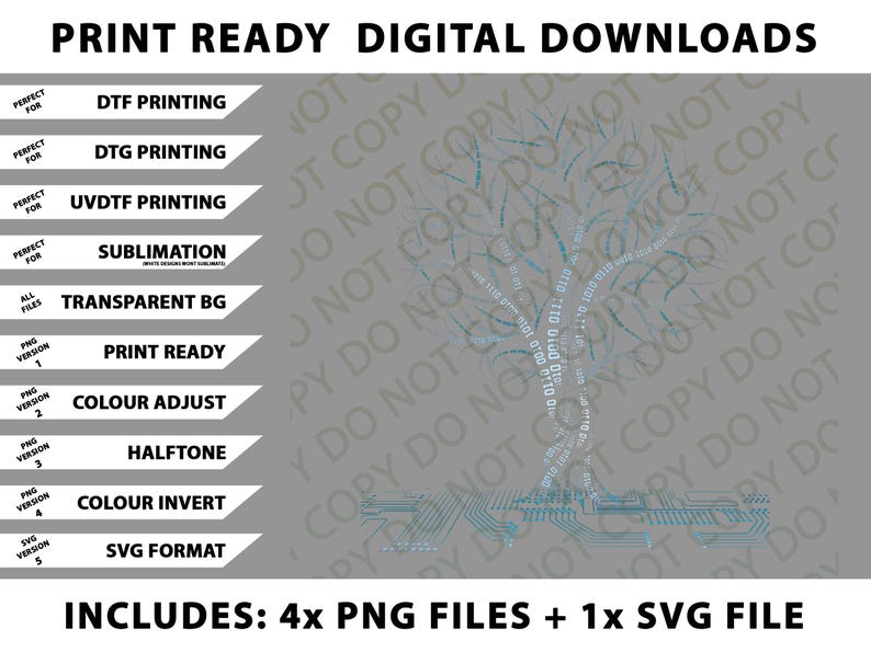 May include: Digital download graphic with a tree design made of binary code and circuit board elements. Includes multiple file formats for DTF, DTG, UVDTF printing, and sublimation. The image also includes a transparent background option.