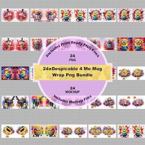 May include: A digital product bundle featuring 24 PNG files and 24 mockups for mug wraps. The design includes colorful illustrations of Minions characters from the "Despicable Me" franchise, with the text "24xDespicable 4 Me Mug Wrap Png Bundle".