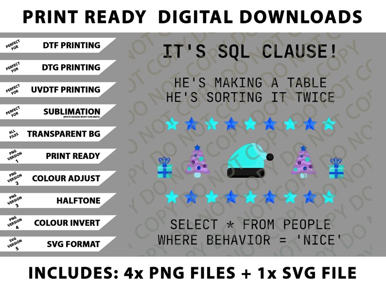 K&ouml;nnte beinhalten: Digitaler Download-Grafik mit Text: "DRUCKFERTIGE DIGITALE DOWNLOADS". Enth&auml;lt eine t&uuml;rkisfarbene Weihnachtsm&uuml;tze, Weihnachtsb&auml;ume und Geschenkboxen. Der Text lautet "IT'S SQL CLAUSE!" und "SELECT * FROM PEOPLE WHERE BEHAVIOR = 'NICE'".