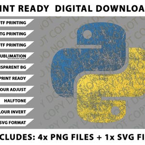 May include: Digital download graphic featuring a distressed blue and yellow Python logo. The image includes text indicating print-ready files for DTF, DTG, and sublimation printing, along with various file formats. The design includes 4 PNG files and 1 SVG file.