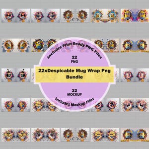 May include: A collection of mug wrap designs featuring Minions characters. The image includes a circular graphic with the text "22xDespicable Mug Wrap Png Bundle". The image also includes the text "Includes Print Ready PNG Files" and "Includes Mockup Files".