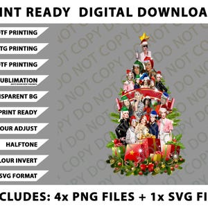 May include: Digital download graphic featuring a Christmas tree design composed of various women's faces. The image includes text such as "Print Ready" and options for DTF, DTG, and UVDTF printing, along with file format details.