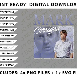 Peut inclure: Graphique de téléchargement numérique avec un portrait d'un homme nommé "Mark Corrigan" dans une police stylisée. L'image comprend du texte tel que "Téléchargements numériques prêts à imprimer" et des options pour diverses méthodes d'impression.