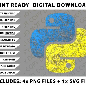 Może przedstawiać: Grafika do pobrania cyfrowego z niebiesko-ż&oacute;łtym logo Pythona o postarzonej fakturze. Obraz zawiera tekst wskazujący pliki gotowe do druku dla DTF, DTG, druku UVDTF i sublimacji. Zawiera 4 pliki PNG i 1 plik SVG.