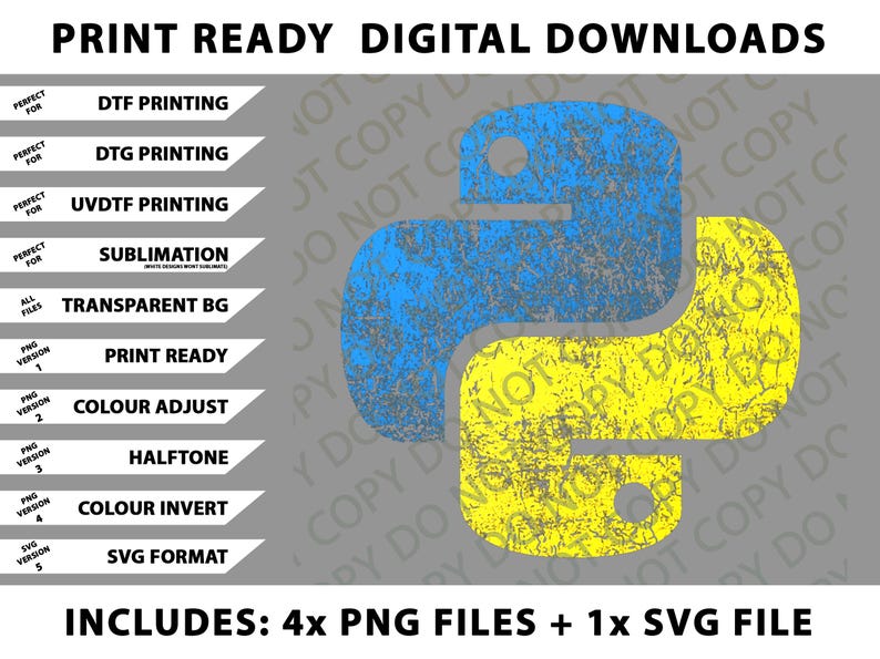Może przedstawiać: Grafika do pobrania cyfrowego z niebiesko-ż&oacute;łtym logo Pythona o postarzonej fakturze. Obraz zawiera tekst wskazujący pliki gotowe do druku dla DTF, DTG, druku UVDTF i sublimacji. Zawiera 4 pliki PNG i 1 plik SVG.