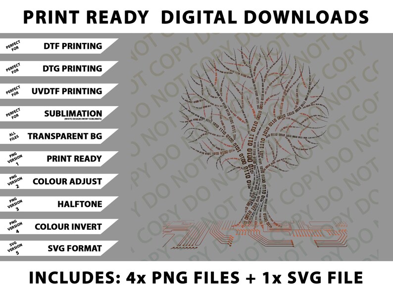 May include: Digital download graphic featuring a tree design composed of binary code, with circuit board elements at the base. Includes various file formats for DTF, DTG, UVDTF printing, and sublimation. The image also includes transparent background options.