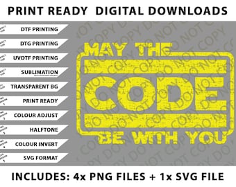 Paquete de imágenes PNG "Que el Código te Acompañe", archivos SVG y descargas digitales