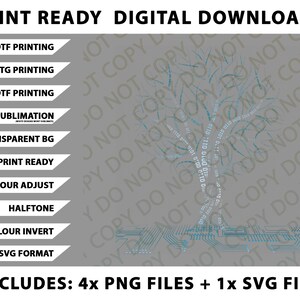 May include: Digital download graphic with a tree design made of binary code and a circuit board base. Includes multiple file formats for DTF, DTG, UVDTF printing, and sublimation. The image also includes the text "Print Ready Digital Downloads".