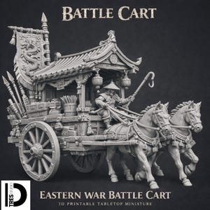 以下が含まれることがあります： 伝統的なアジアのデザインが施された、Eastern War Battle Cartの3Dモデル。2頭の馬に引かれ、運転手、装飾的な屋根、龍のバナーが含まれています。「BATTLE CART」の文字が上部にあります。