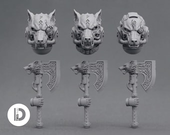 Cyber Wolf Space Helmets & Power Axes Conversion Kit | Physical Resin Miniatures Bits for 28mm Space Knights | Tabletop Wargames
