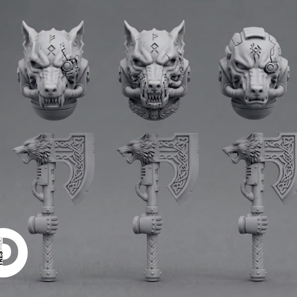 Cyber Wolf Space Helmets & Power Axes Conversion Kit | Physical Resin Miniatures Bits for 28mm Space Knights | Tabletop Wargames