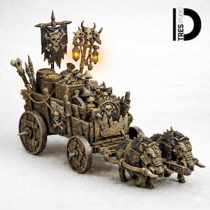 May include: A detailed miniature fantasy war wagon with a skull and crossbones flag, pulled by two armored beasts. The wagon is laden with skulls, barrels, and other war-themed elements. The overall color scheme is brown and tan.