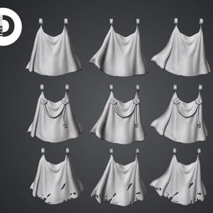 Op de afbeelding: Een verzameling van negen digitale 3D-modellen van capes in drie verschillende stijlen, waaronder effen gedrapeerde stof, capes met ronde sluitingen en koorddetails, en gescheurde capes met gerafelde randen, allemaal in een lichtgrijze tint.
