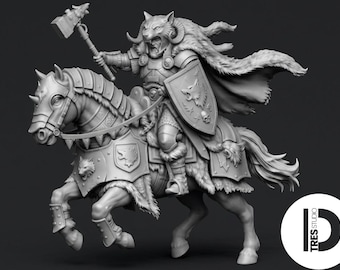 Mounted Wolf Headdress Viking Champion Miniature | Unpainted Resin Horseback Warrior with Hammer & Shield | DnD Tabletop RPG Miniature | 28m