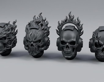 Flaming Skull Helmets Set for Space Knights - Physical Resin Bits (4x) for 28mm / 32mm Sci-Fi Miniatures - Legion Skull Heads