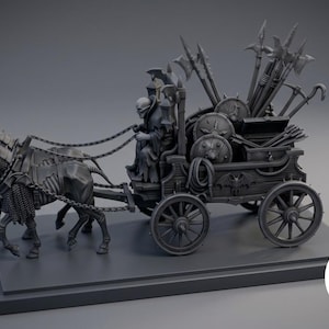 Op de afbeelding: Een grijs miniatuurmodel van een skeletachtige figuur die een door paarden getrokken kar bestuurt. De kar is geladen met schilden, speren en een kist. De paarden hebben een skeletachtig uiterlijk met kettingen als tuigage.