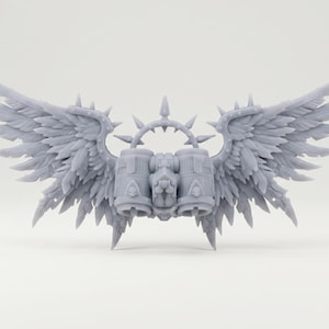 May include: A light grey resin miniature jetpack accessory featuring two large cylindrical thrusters, a central spiked halo, and expansive feathered wings extending from each side, detailed with small skull emblems on the thruster casings.