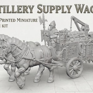 Może przedstawiać: Niemalowana miniatura 3D wozu zaopatrzenia artylerii, szczegółowy zestaw 28 mm. Wóz ciągną dwa konie i zawiera figurkę żołnierza. Tekst "ARTILLERY SUPPLY WAGON" znajduje się u góry obrazu.