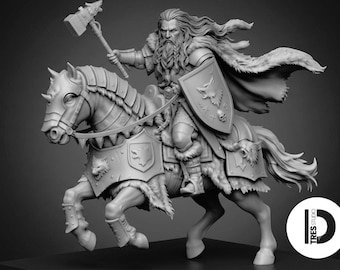 Mounted Viking King Miniature with War Hammer & Shield | Unpainted Resin Horseback Warrior | DnD Tabletop RPG Miniature | 28mm 32mm Fantasy