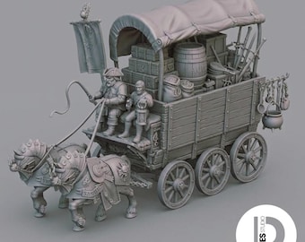 DND War Wagon Miniature | Merchant Cart with Armored Horses 28mm 32mm | TTRPG Tabletop Terrain Pathfinder Warhammer Miniature