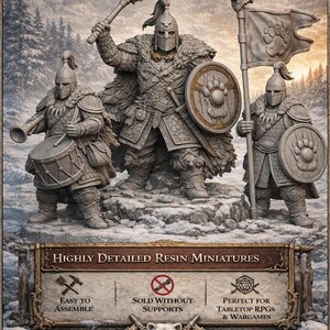 Puede incluir: Imagen de un grupo de mando de miniaturas de resina muy detalladas. Las figuras están vestidas con armaduras y cascos, con escudos y armas. La bandera presenta una huella de pata de oso. El texto dice "Northern Bear Kingdom Command Group".