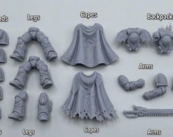 3D Printed Miniature Bits Upgrade Kit - Resin Space Knight Armor Parts, Dragon Shoulder Pads, Capes, Legs & Backpacks for Tabletop Wargaming