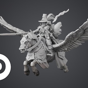 Puede incluir: Una figura miniatura gris de un jinete con sombrero de ala ancha y capa, montado sobre un caballo alado con armadura. El jinete sostiene una espada y una pistola. El texto TRES STUDIO es visible en un círculo blanco en la parte inferior.