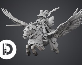 Witch Hunter General on Pegasus Miniature | Flying Witch Finder Cavalry DND 28mm 32mm | Fantasy Tabletop RPG Resin Model | D&D Pathfinder My