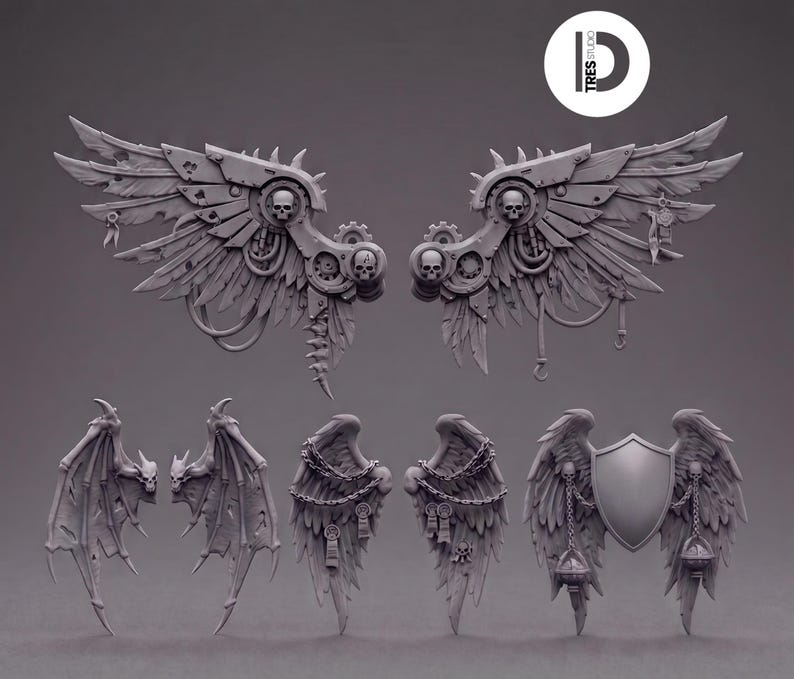 May include: A collection of grey miniature resin wings featuring mechanical gear details, skulls, chains, and a central shield emblem. The set includes large feathered wings with industrial components, tattered bat-like wings, and feathered wings adorned with hanging chains and small decorative charms.