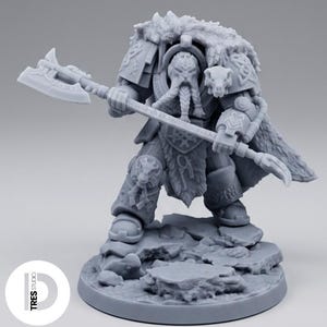 May include: A gray resin miniature of a bearded warrior in heavy armor, wearing a fur-lined cloak and holding a large double-headed axe. The figure stands on a rocky base and features intricate carvings on the armor, including animal motifs.