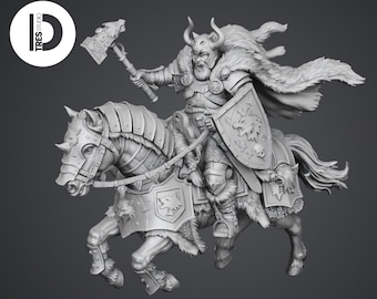 Mounted Viking Warrior Miniature with War Hammer & Shield | Unpainted Resin Horseback Knight | DnD Tabletop RPG Miniature | 28mm 32mm Fantas