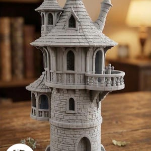 May include: A gray, unpainted miniature stone tower model featuring a cylindrical base with a brick texture, a balcony with railings, multiple arched windows, and a conical roof with shingle details. The structure includes a small side turret.