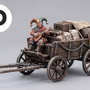 May include: A miniature wooden cart with four wheels and metal chains, carrying crates, a barrel, and sacks labelled "FLOUR" and "TOOL KITS". A jester figure in a multi-coloured outfit sits on the cart, playing a small stringed instrument.