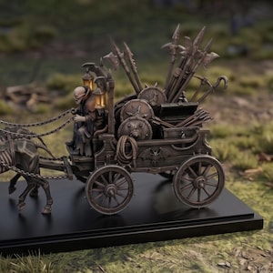 May include: A miniature dark brown fantasy wagon pulled by two skeletal horses, featuring a seated figure, lanterns, a chest, and a collection of spears and shields. The detailed model is mounted on a rectangular black base with the text TRES STUDIO.