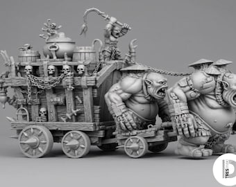 Orc | Goblin War Cart pulled by Trolls - Tabletop Miniature Set | Supply wagon