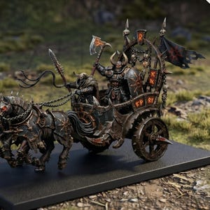 May include: A detailed miniature fantasy chariot, pulled by two horses with glowing red eyes. The chariot is dark with red detailing, carrying two figures. A banner and skulls adorn the top. The base is black.