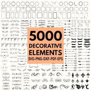 May include: A digital collection of 5000 decorative elements featuring black line art designs including circular frames, rectangular borders, floral dividers, arrows, ribbons, and flourishes on a white background with central orange text.