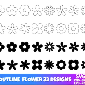 May include: A collection of 32 flower icons arranged in four rows, featuring both black outlines and solid black silhouettes. The designs include various petal shapes and counts. Text at the bottom reads OUTLINE FLOWER 32 DESIGNS SVG PNG-DXF EPS-PDF.
