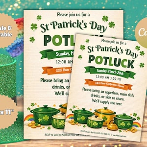 May include: Two St. Patrick's Day Potluck invitations. The invitations are cream-colored with green text and shamrock graphics. The invitations are 8.5" x 11" and feature text that reads "Please bring an appetizer, main dish, drinks, or side to share."